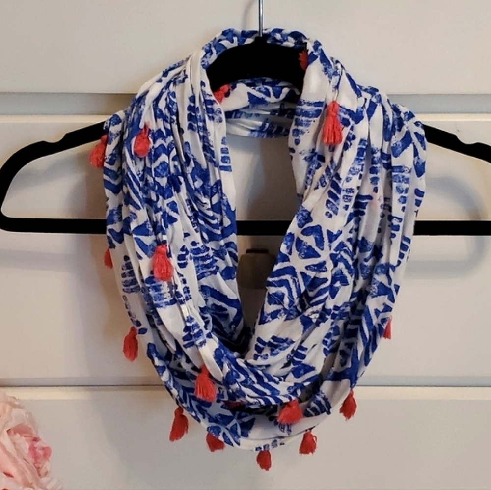 J. Crew Blue and Coral Tassel Infinity Scarf